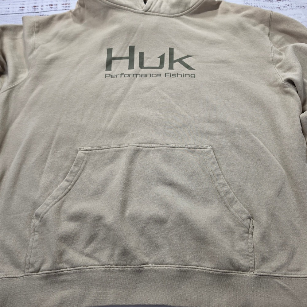 Huk Performance Fishing Hoodie Mens XL Tan Khaki Excellent Logo Sweatshirt - Picture 3 of 9